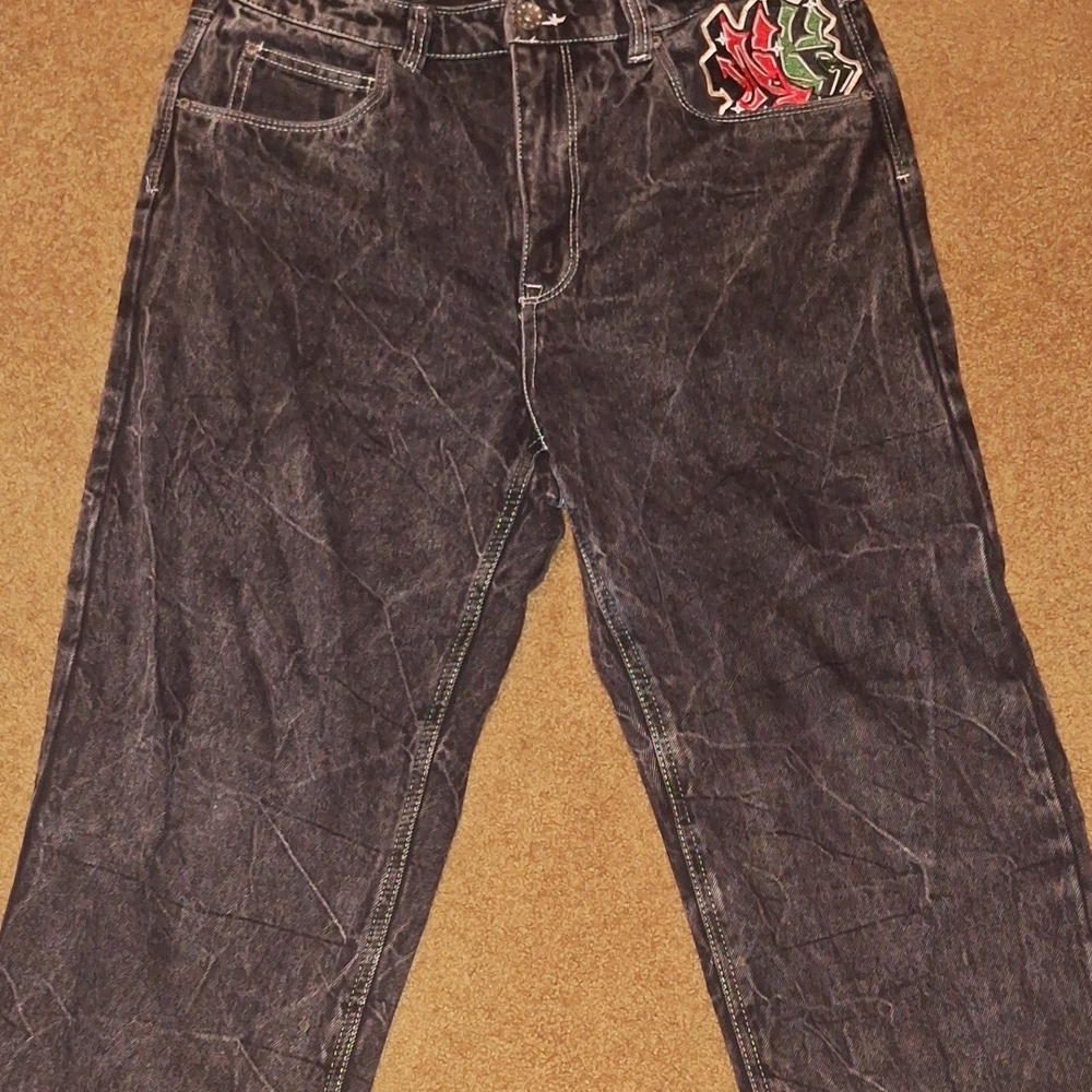 Vintage Black Denim Jeans with Embroidered Patch